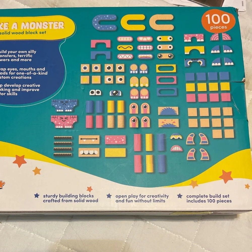 Geoffrey's Toy Box‎ Make A Monster Solid Wood Block Set 100 Pieces Kids Ages 3+